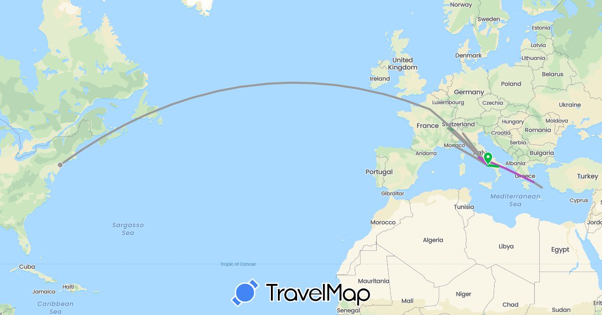 TravelMap itinerary: driving, bus, plane, train in Switzerland, France, Greece, Italy, Monaco, United States (Europe, North America)